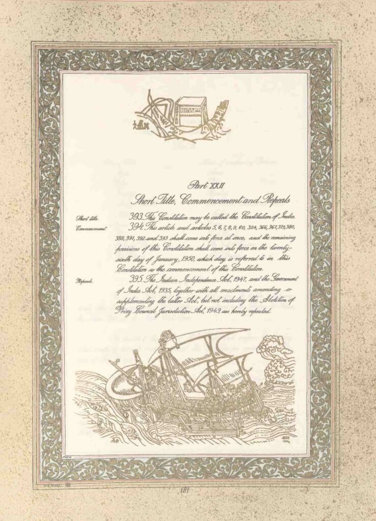 22nd image of original constitution deals with the repeal of Indian Independence Act, 1947, and the Government of India Act, 1935.